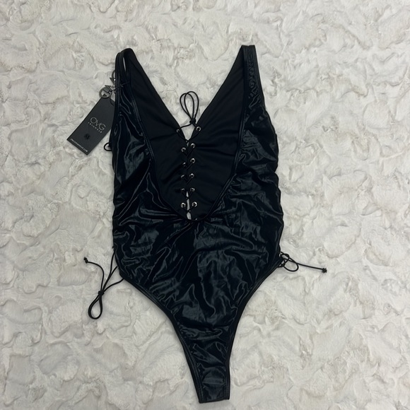 OMG Swimwear One Piece Shiny Black Sexy Tie‎ Up SwimSuit Sz M - Picture 4 of 7
